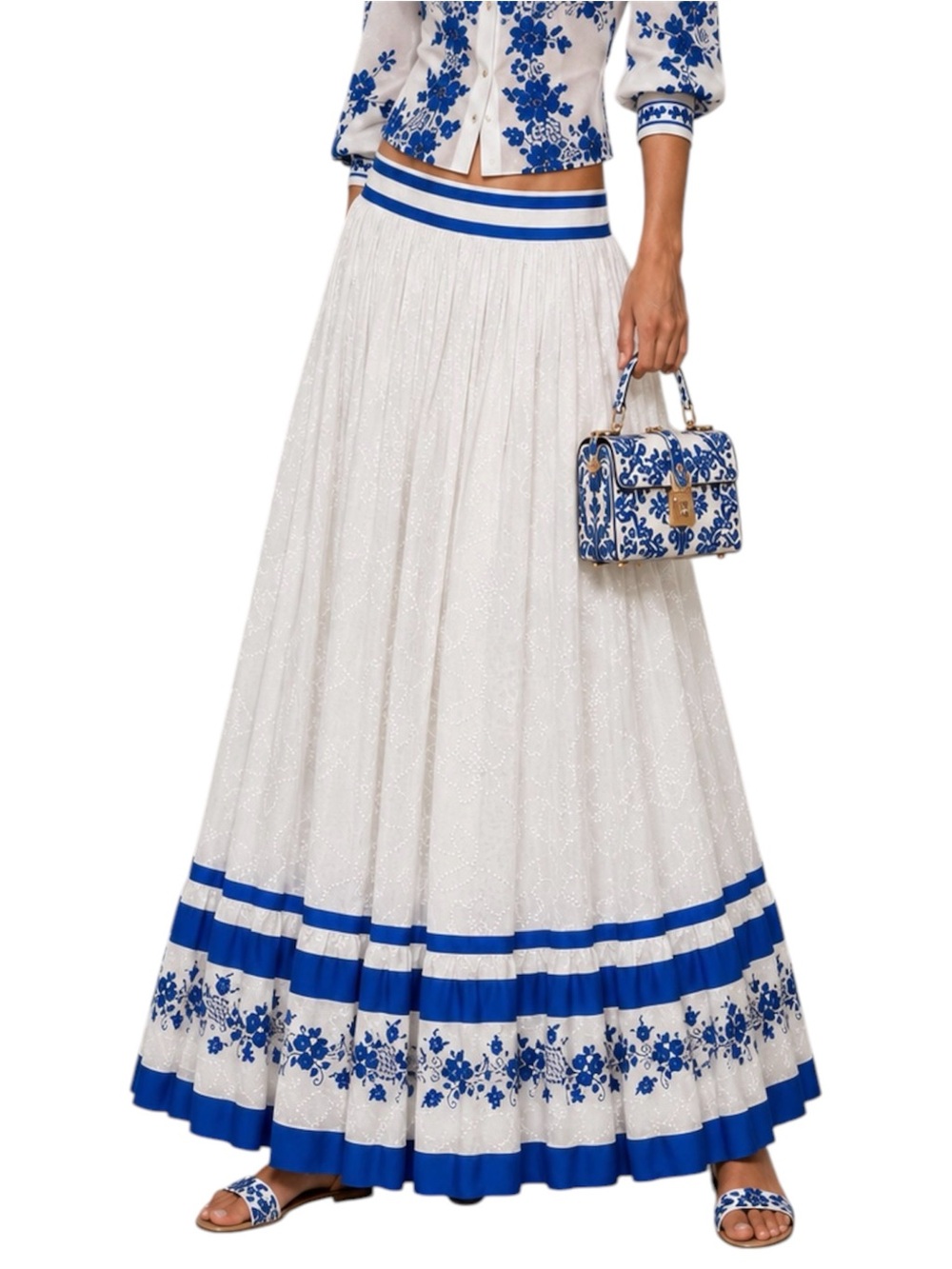 2003 D&G DOLCE & GABBANA Mediterranean Embroidered Blue White Maxi Skirt Small